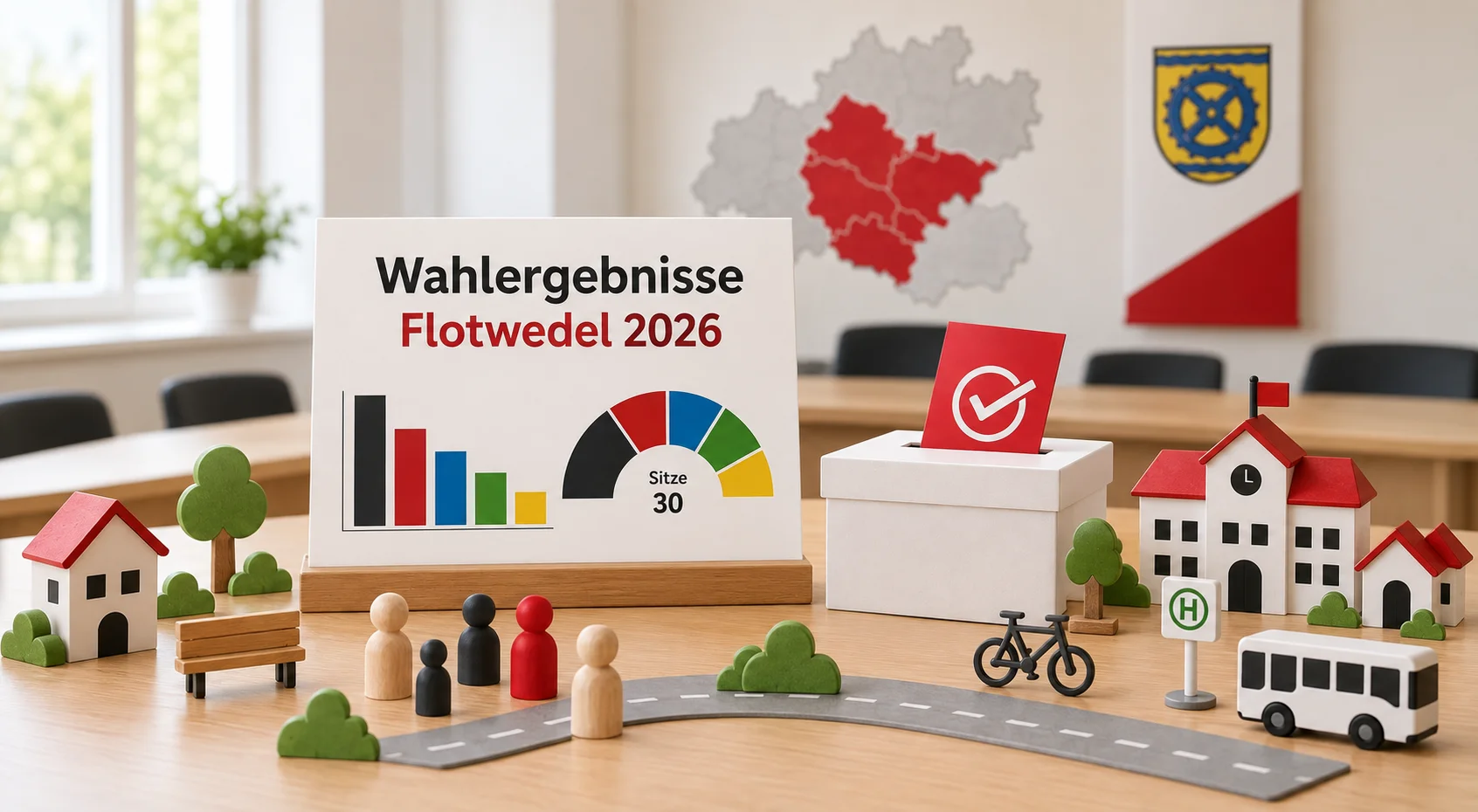 Wahlergebnisse der Kommunalwahl Flotwedel 2026 mit Balkendiagramm, Sitzverteilung und Wahlurne als Symbol für die Auszählung der Stimmen.